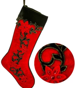 Decorator's Warehouse 25" Berry Vine Jewel Poinsettia Velvet Stocking > Christmas Textiles|Classic Christmas