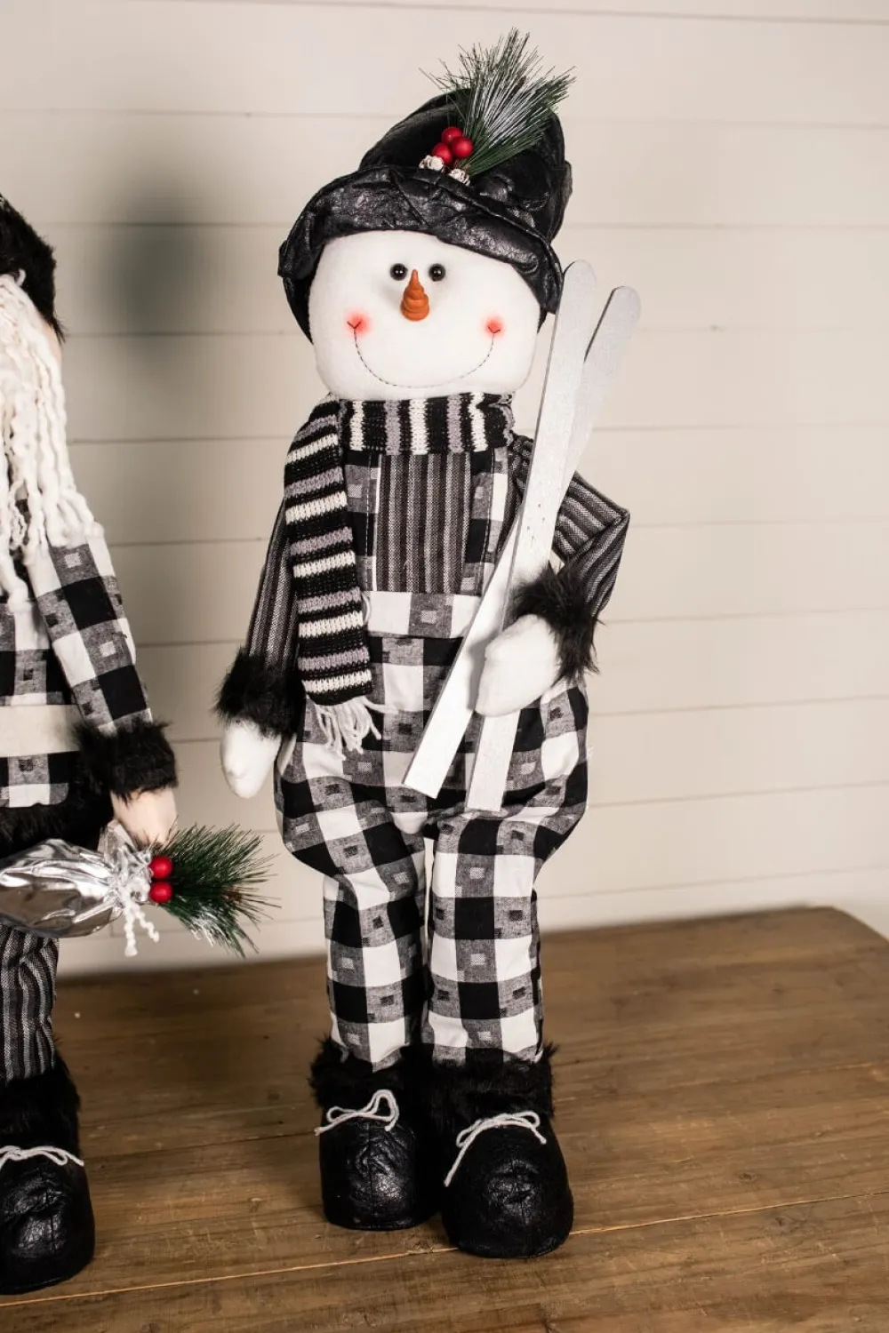Decorator's Warehouse 32” Black and White Buffalo Check Santa and Snowman Plush Figurine > Christmas Accents|Christmas Decor