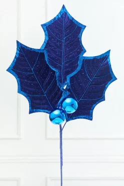 Decorator's Warehouse 39" Blue Velvet Holly Leaves Spray > Nutcracker|Christmas Sprays