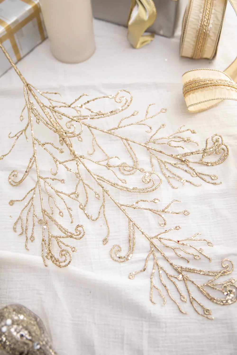 Decorator's Warehouse 34" Champagne Glitter Lace Leaf Spray > Gold & Champagne|Natural Elegance