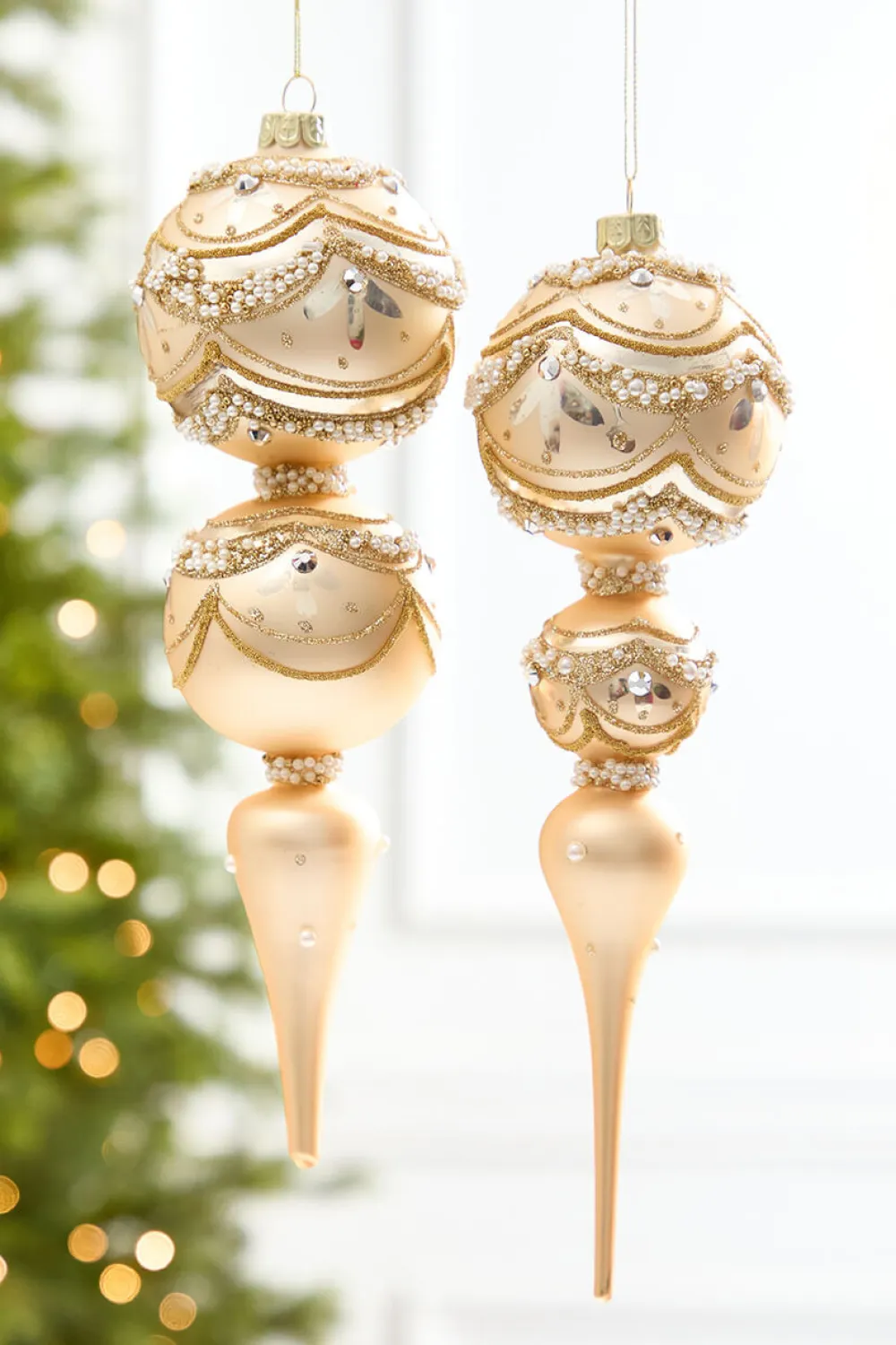 Decorator's Warehouse 11" Champagne & Pearl Trimmed Finial Glass Ornament > Christmas Decor|Natural Elegance