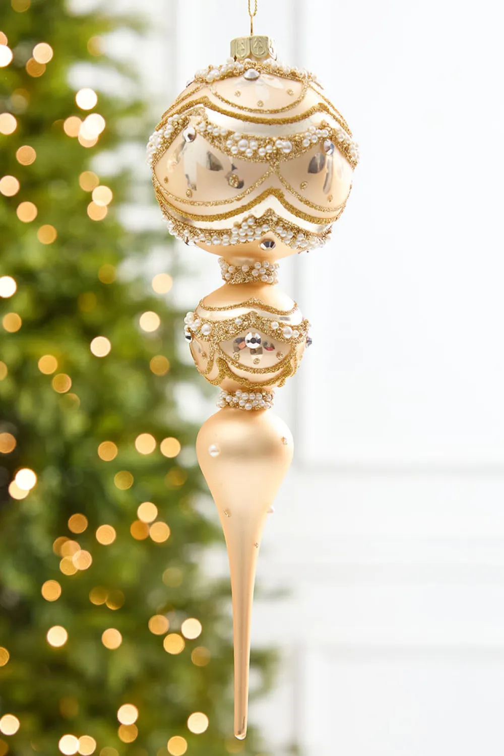Decorator's Warehouse 11" Champagne & Pearl Trimmed Finial Glass Ornament > Christmas Decor|Natural Elegance