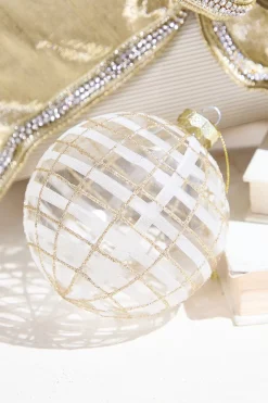Decorator's Warehouse 4" Clear Glass Ball Ornament > Heritage Plaid|Gold & Champagne