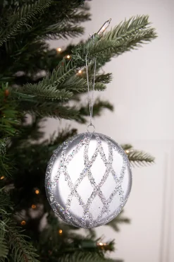 Decorator's Warehouse 10cm Matte Glitter Flat Round Ornament - Silver > White Christmas|Christmas Sale
