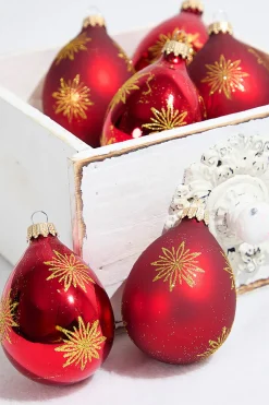 Decorator's Warehouse 6ct Drop Glass Christmas Red & Red Velvet With Gold Snowflake > Boxed Sets|Christmas Sale