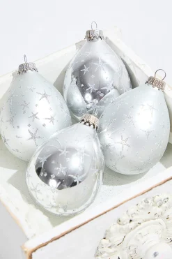 Decorator's Warehouse 4ct Glass Drop Bright Silver & Silver Pearl with Silver Stars > White Christmas|Boxed Sets