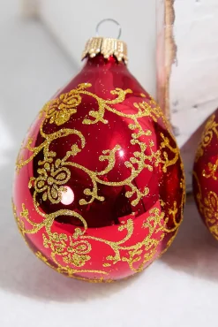 Decorator's Warehouse 6ct Glass Drop Christmas Red & Red Velvet with Gold Floral Glitterlace > Boxed Sets|Christmas Sale