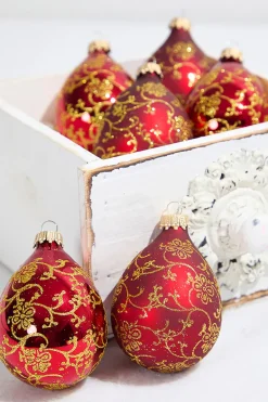 Decorator's Warehouse 6ct Glass Drop Christmas Red & Red Velvet with Gold Floral Glitterlace > Boxed Sets|Christmas Sale
