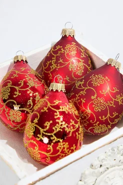 Decorator's Warehouse 4ct Glass Drop Christmas Red Velvet Gold Floral Glitter Ornament > Boxed Sets|Christmas Sale