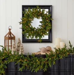 Decorator's Warehouse 24" Dandan Green Plug-In Wreath with Warm White LED Lights > Under 30"|Pre-Lit Wreaths