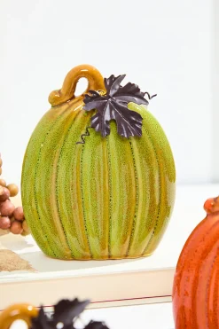Decorator's Warehouse 4.7" Dolomite Harvest Pumpkin Figurine with Metal Leaf > Fall Decor|Fall Decor