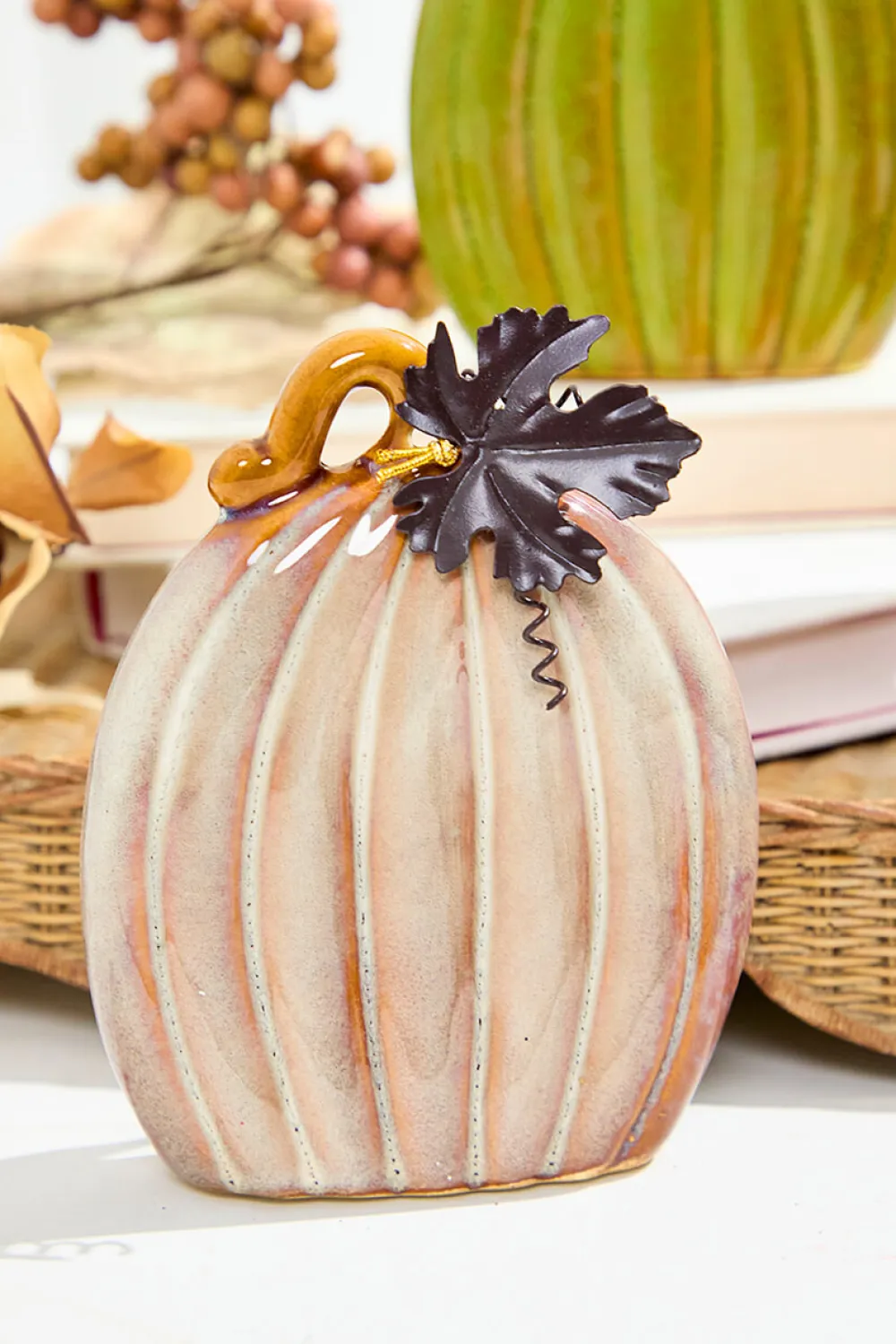 Decorator's Warehouse 4.7" Dolomite Harvest Pumpkin Figurine with Metal Leaf > Fall Decor|Fall Decor