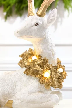 Decorator's Warehouse 20" Elegant White & Gold Resin Deer with LED Lights > White Christmas|Christmas Accents