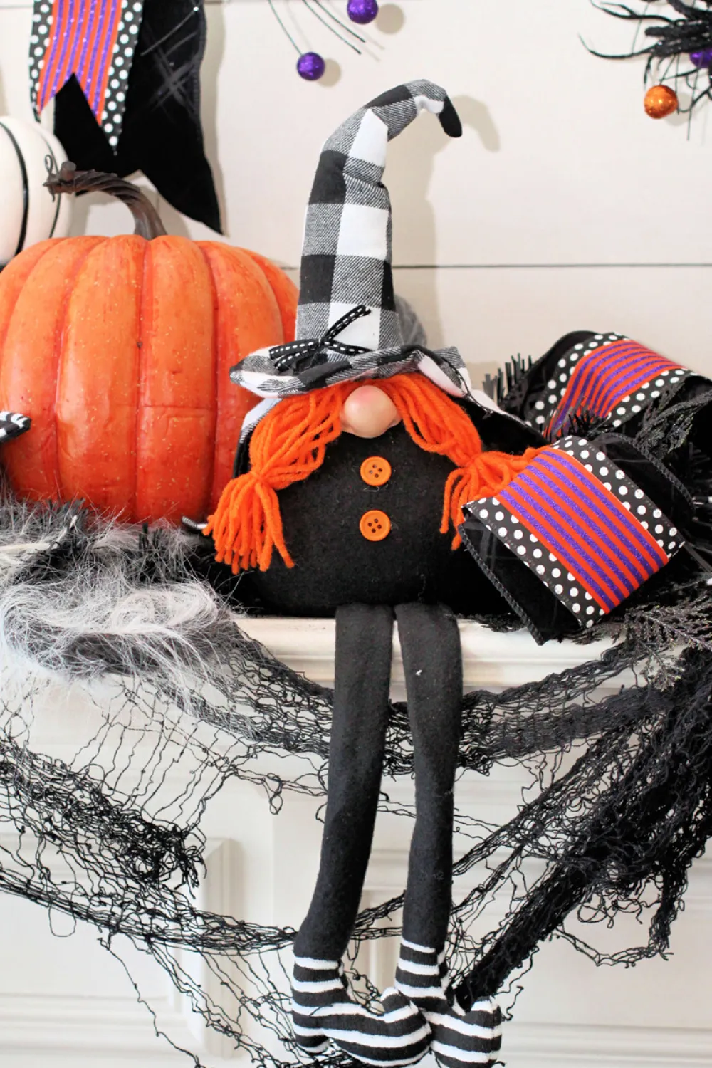 Decorator's Warehouse 22” Fabric Halloween Buffalo Check Gnome Shelf Sitter > Halloween|Halloween
