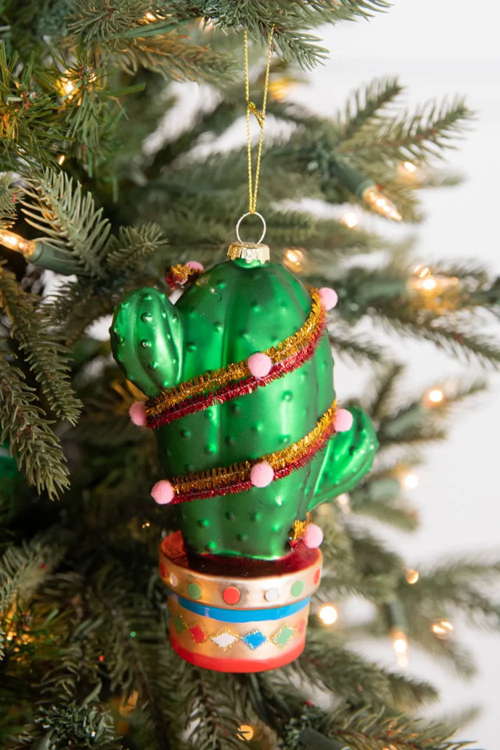 Decorator's Warehouse 6” - 7" Glass Cactus With Pom Pom Ornament > Sale|Christmas Sale