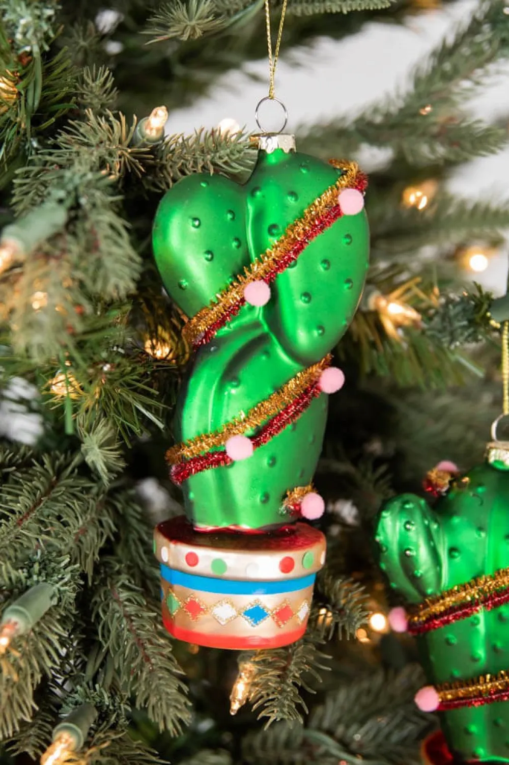 Decorator's Warehouse 6” - 7" Glass Cactus With Pom Pom Ornament > Sale|Christmas Sale