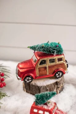 Decorator's Warehouse Glass Car with Bottle Brush Tree Décor > Farmhouse|Christmas Accents