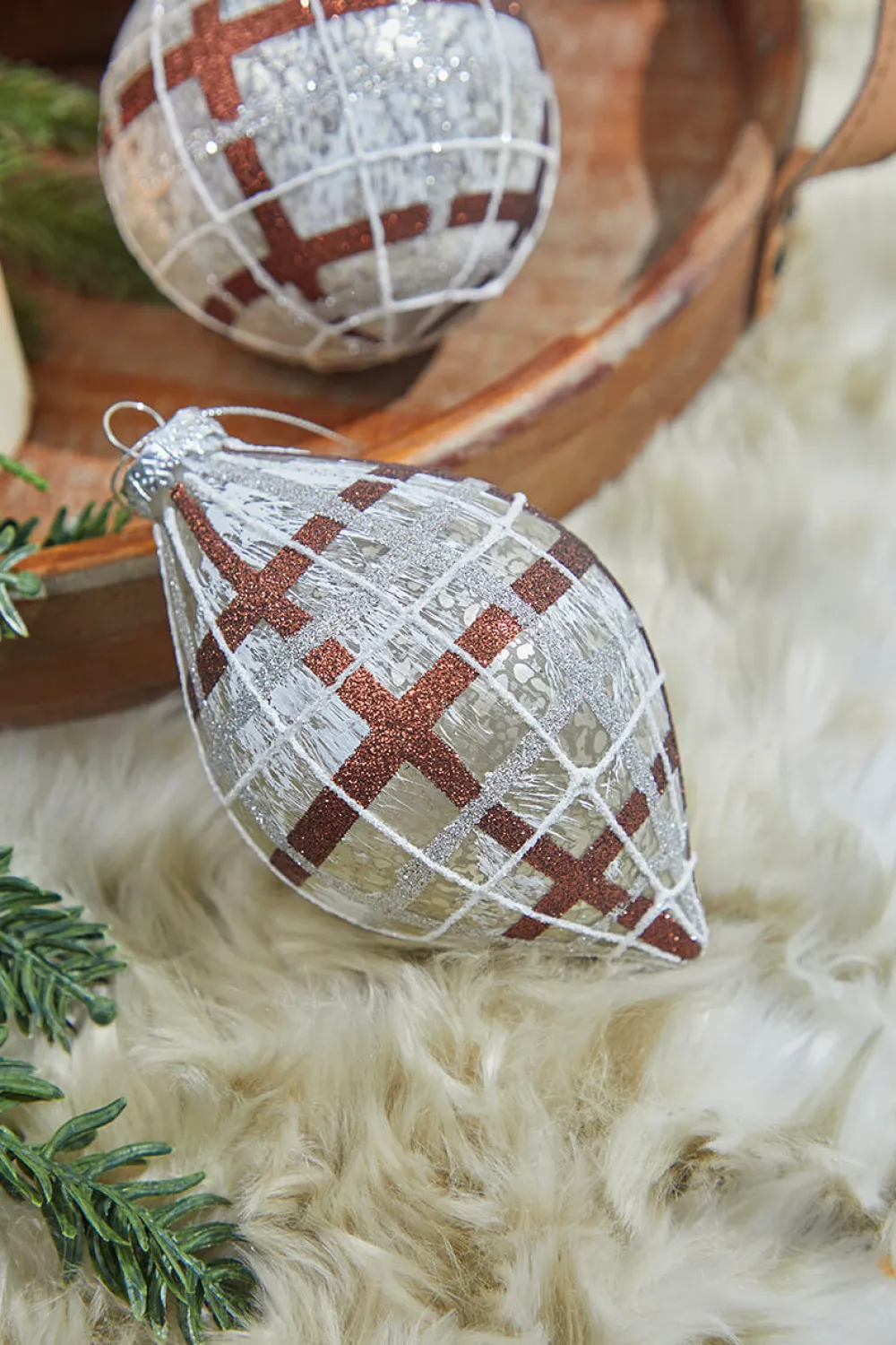 Decorator's Warehouse 4"-5" Glass Forest Plaid Ball/Finial Ornament > Christmas Decor|Farmhouse