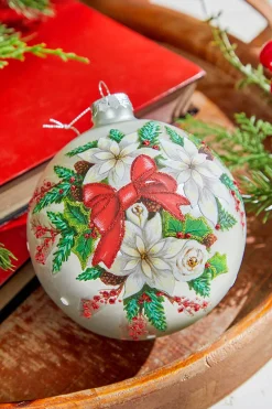 Decorator's Warehouse 5" Glass Poinsettia Holly Ball Ornament > Cardinal|Christmas Decor