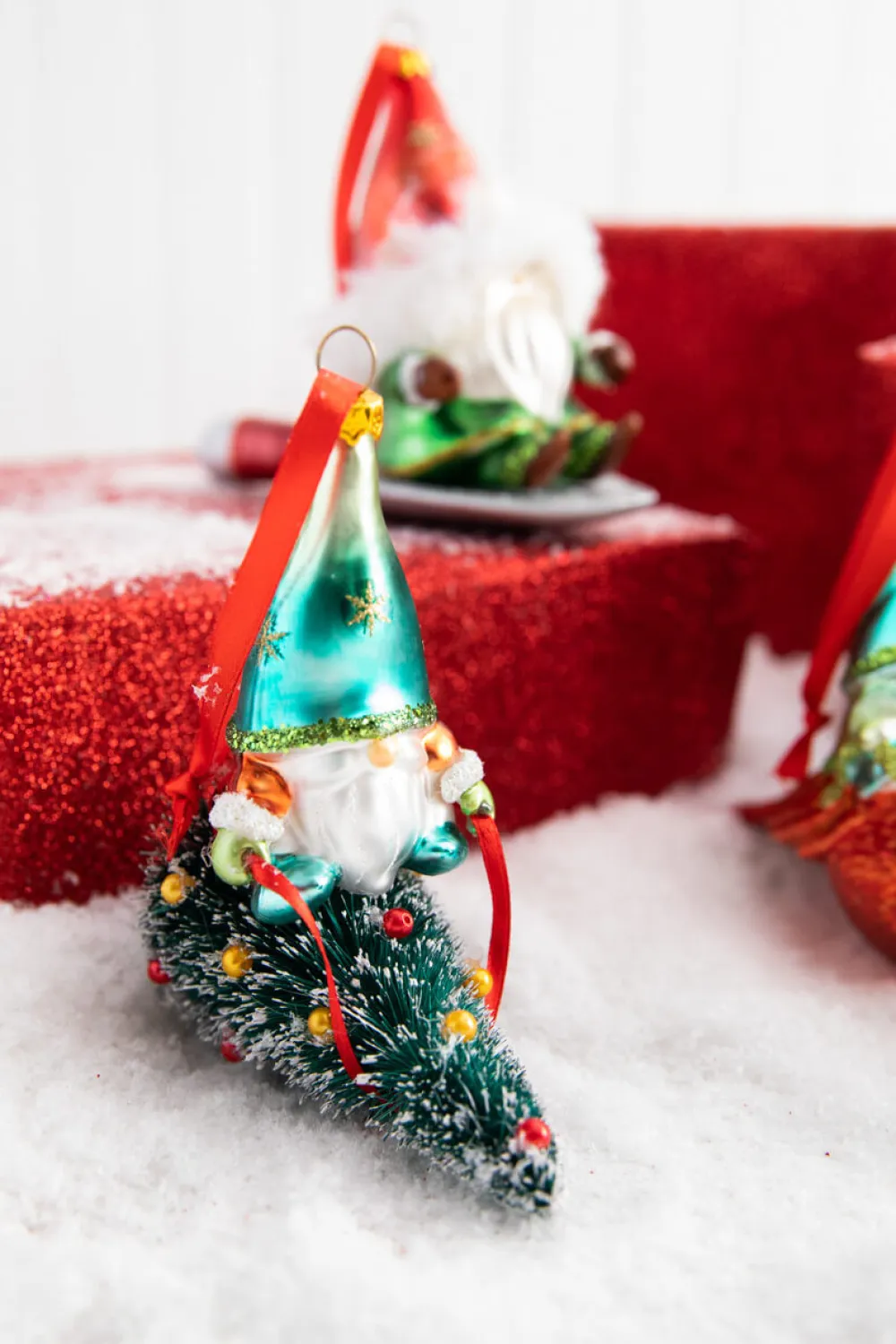 Decorator's Warehouse 5” Gnome Riding A Cardinal/Tree/Shovel Glass Ornament > Christmas Decor|Christmas Ornaments