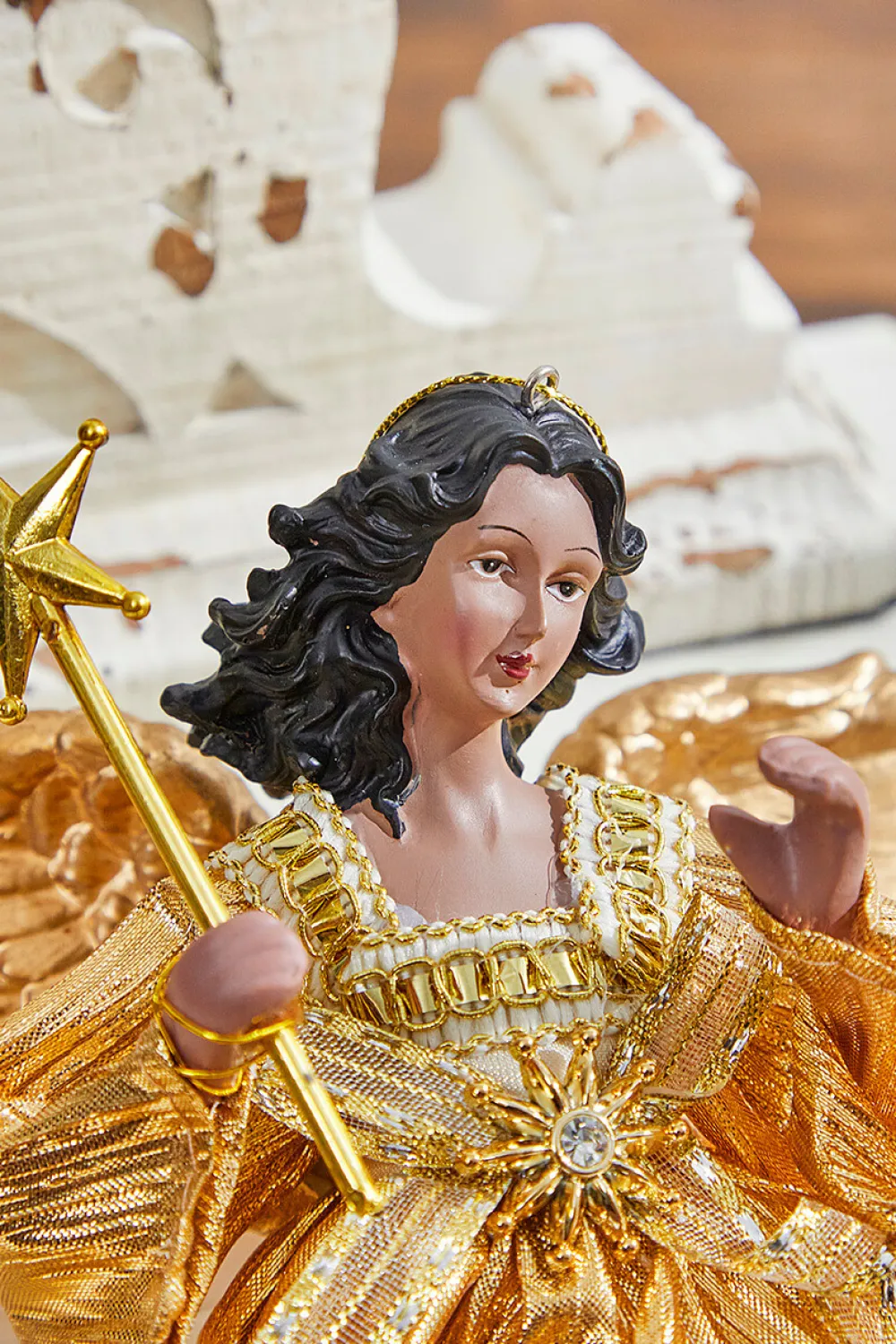 Decorator's Warehouse 9" Gold Fabric Flying Black Angel Ornament > Tree Toppers|Santas & Angels