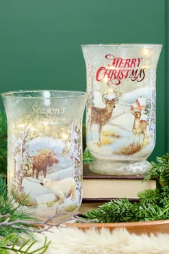 Decorator's Warehouse 8"H B/O Lighted Glass Deer/Moose Design Hurricane Luminary > Winter Woodland|Christmas Accents