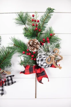 Decorator's Warehouse 18” Holiday Pine Pick with Buffalo Check Ornament & Berries > Farmhouse|Christmas Sprays