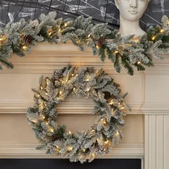 Decorator's Warehouse 24" Lexington Fir Flocked Plug-In Wreath with Warm White LED Lights > Under 30"|Pre-Lit Wreaths