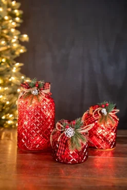Decorator's Warehouse Lighted Holiday Glass Luminary w/ Floral Accent and Timer (battery operated) - Set of 3 > Christmas Accents|Christmas Decor