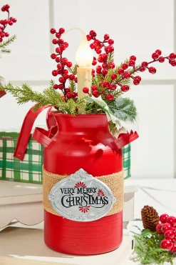 Decorator's Warehouse 12" Lighted Metal Milk Can with Pine & Berry Arrangement > Farmhouse|Christmas Accents