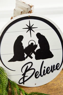 Decorator's Warehouse 8" Metal Believe with Nativity Scene - Black/White > Farmhouse|Nativity Ornaments