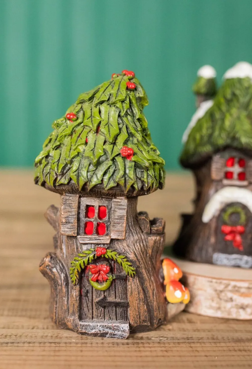 Decorator's Warehouse 4.5” Mini Resin Light Up Holly Tree House > Christmas Accents|Christmas Decor