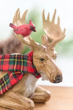 Decorator's Warehouse 6.5" - 9" Moose with Cardinal & Plaid Scarf > Cardinal|Christmas Accents