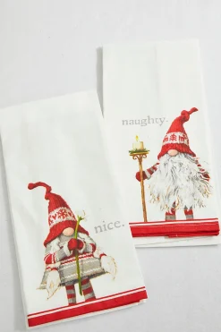 Decorator's Warehouse Naughty & Nice Gnome Tea Towels - Set of 2 > Christmas Textiles|Fun Gifts