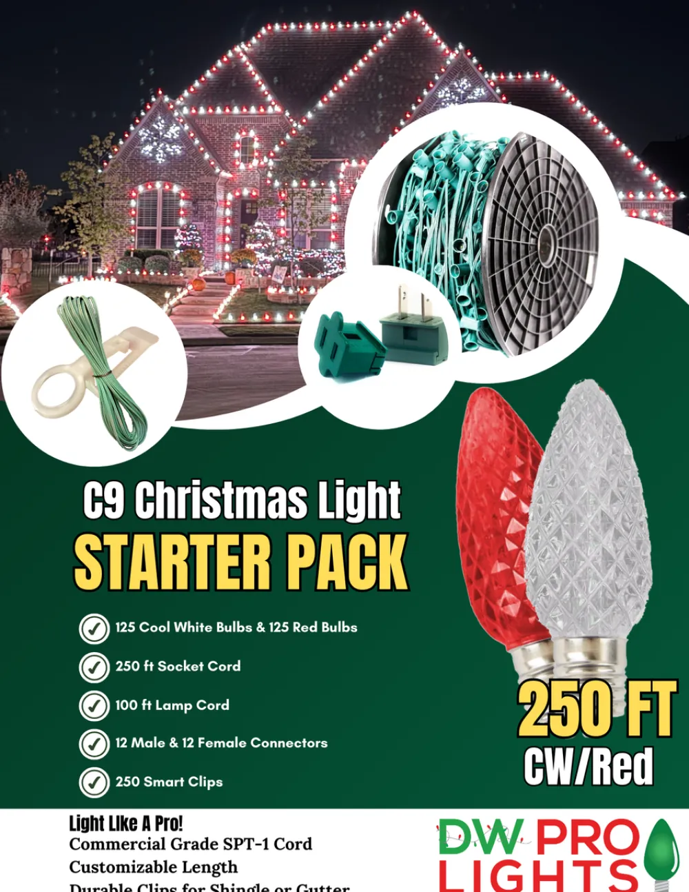 Decorator's Warehouse 250' Outdoor Christmas Lighting Kit - Cool White/Red > Outdoor Christmas Lighting Kits|C9 Bulbs