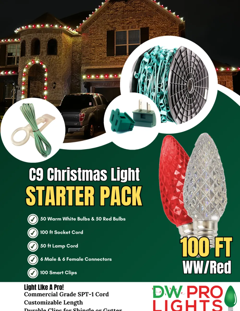 Decorator's Warehouse 100' Outdoor Christmas Lighting Kit - Warm White/Red > Outdoor Christmas Lighting Kits|C9 Bulbs