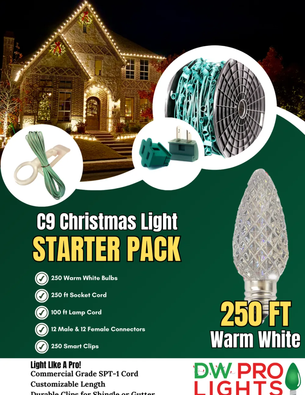 Decorator's Warehouse 250' Outdoor Christmas Lighting Kit - Warm White > Outdoor Christmas Lighting Kits|C9 Bulbs