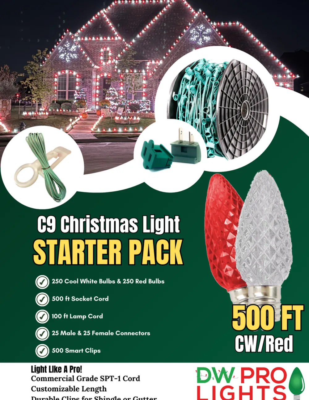 Decorator's Warehouse 500' Outdoor Christmas Lighting Kit - Cool White/Red > Outdoor Christmas Lighting Kits|C9 Bulbs