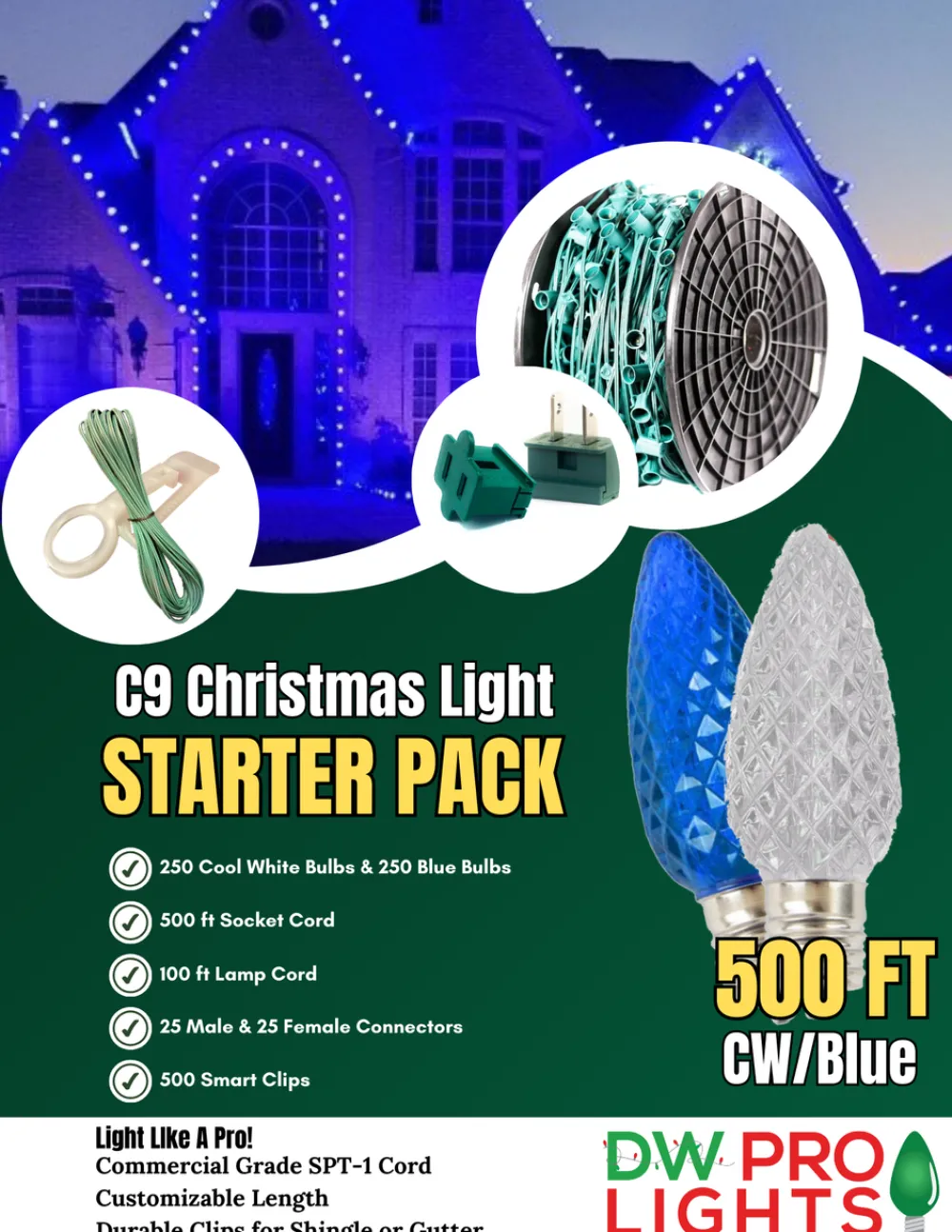 Decorator's Warehouse 500' Outdoor Christmas Lighting Kit - Cool White/Blue > Outdoor Christmas Lighting Kits|C9 Bulbs