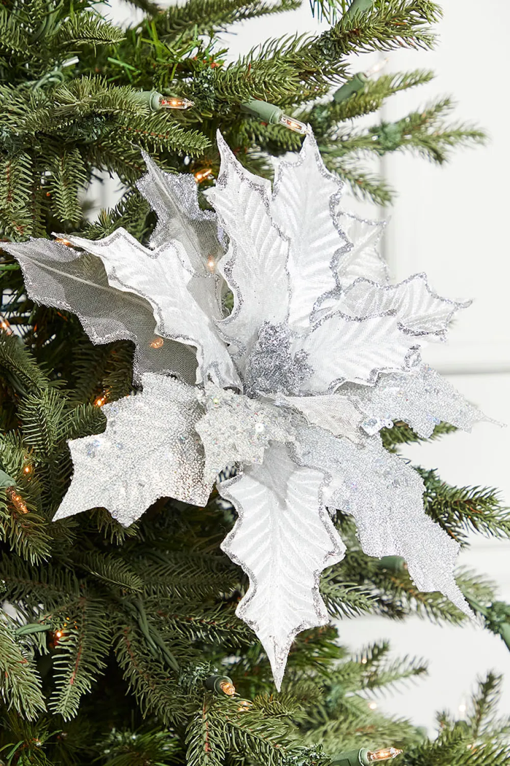 Decorator's Warehouse 21" Platinum Velvet Sheer Sequin Poinsettia > White Christmas|Christmas Decor