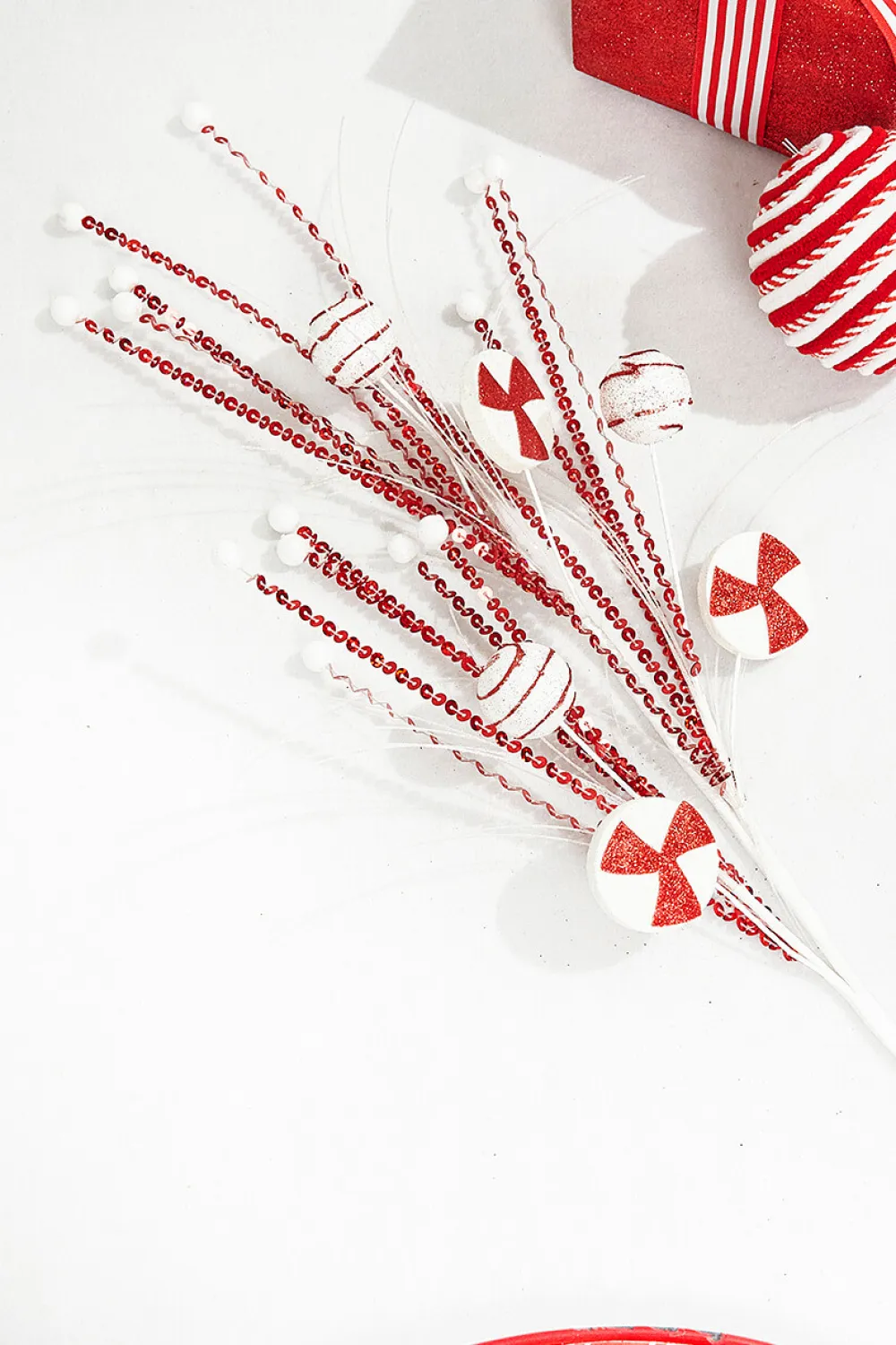 Decorator's Warehouse 33" Red and White Glitter Peppermint Grass Spray > Peppermint|Christmas Sale