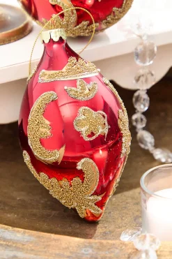 Decorator's Warehouse 4" - 6" Red & Gold Beaded Scroll Glass Ornament > Christmas Decor|Christmas Ornaments