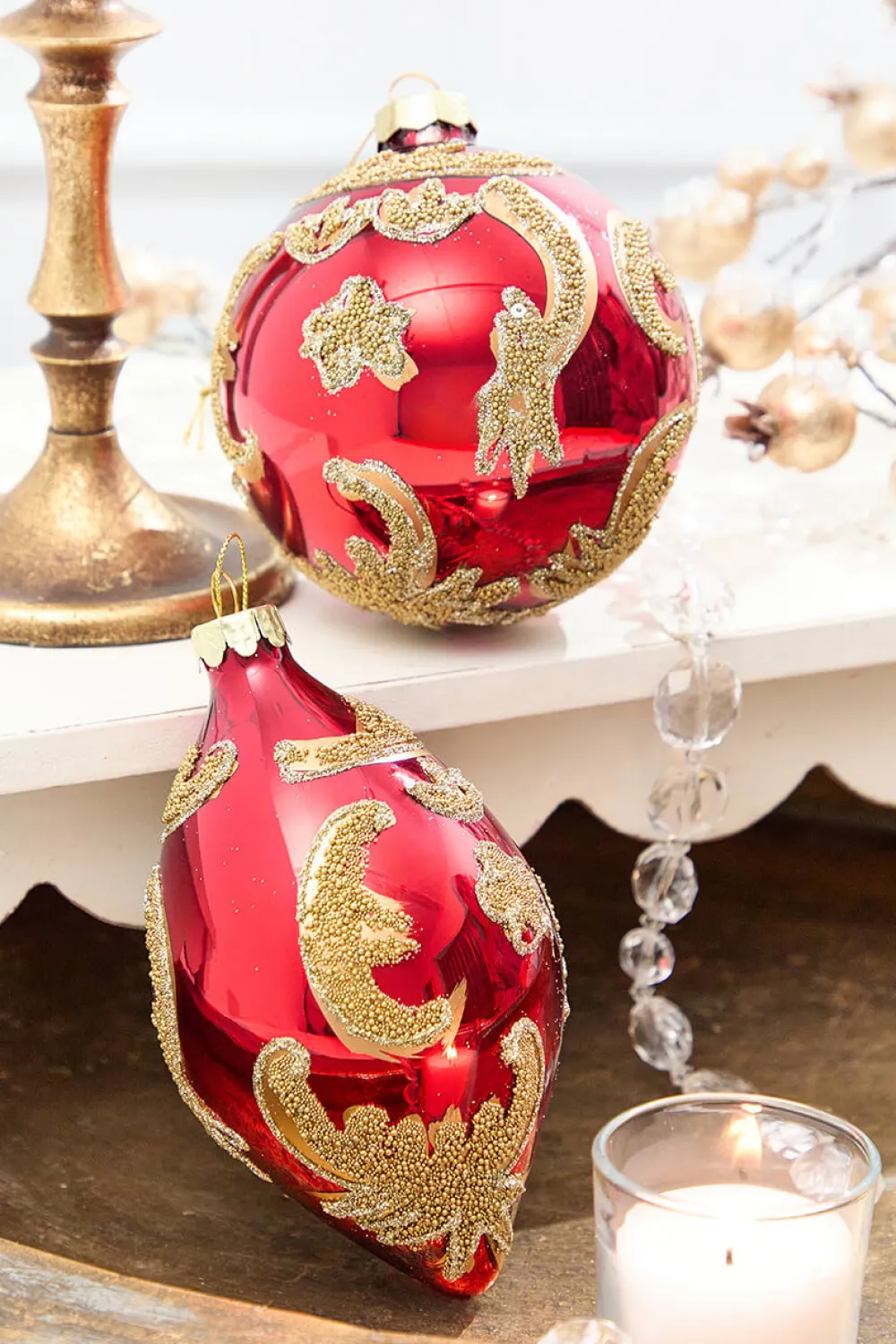 Decorator's Warehouse 4" - 6" Red & Gold Beaded Scroll Glass Ornament > Christmas Decor|Christmas Ornaments
