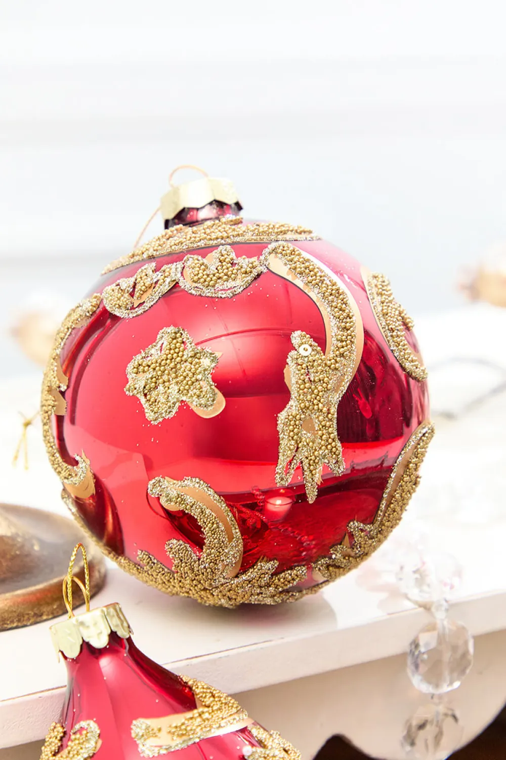 Decorator's Warehouse 4" - 6" Red & Gold Beaded Scroll Glass Ornament > Christmas Decor|Christmas Ornaments