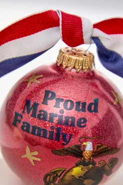 Decorator's Warehouse 3.25" Red "Proud Marine Family" with Ribbon Glass Ball Ornament > Christmas Decor|Christmas Ornaments