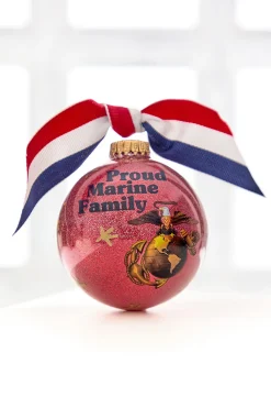 Decorator's Warehouse 3.25" Red "Proud Marine Family" with Ribbon Glass Ball Ornament > Christmas Decor|Christmas Ornaments