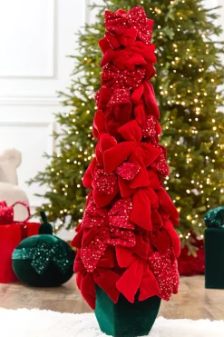 Decorator's Warehouse 40" Red Velvet Sequin Bow Potted Cone Topiary > Traditional|Christmas Accents
