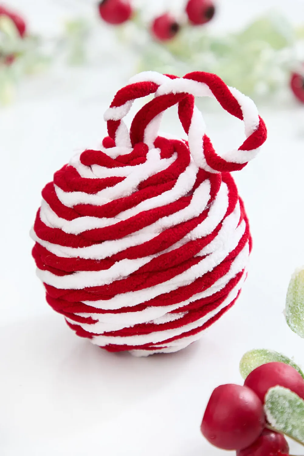 Decorator's Warehouse 4" Red & White Plush Ball Ornament > Christmas Decor|Christmas Ornaments