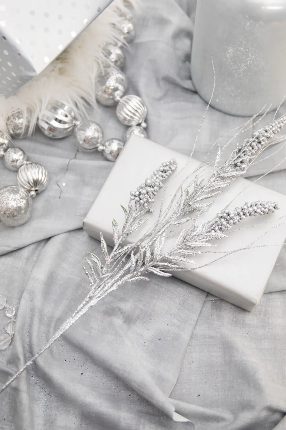 Decorator's Warehouse 30” Silver Glitter Berry Spike/Twig Christmas Spray > White Christmas|Christmas Sprays
