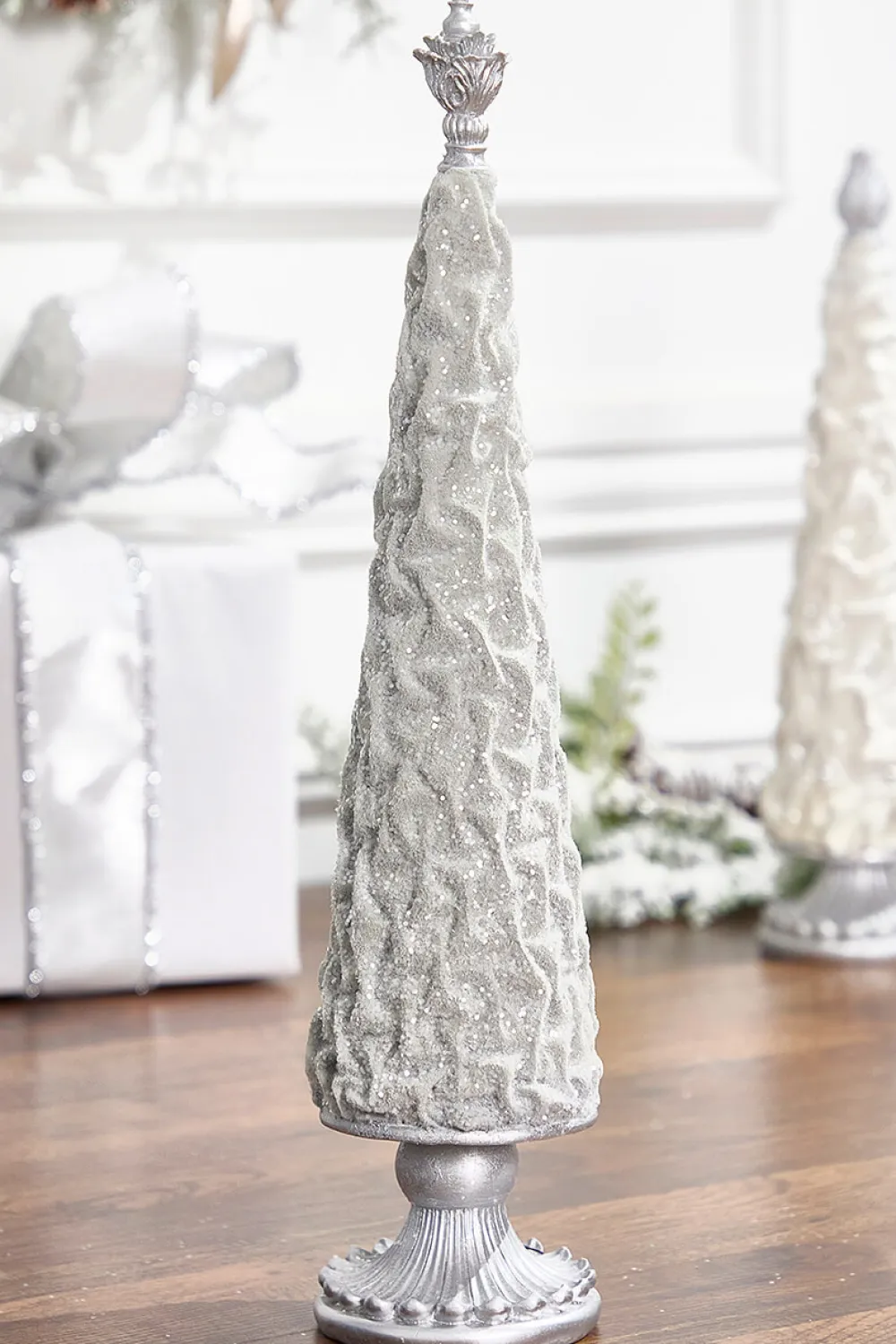 Decorator's Warehouse 19" Silver Gray Flocked Resin Tree > White Christmas|Tabletop & Accent Trees